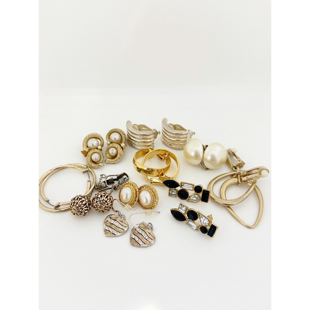 Vintage Gold Tone Earring Lot 10 pair Hoops Rhinestone Filigree Faux Pearl